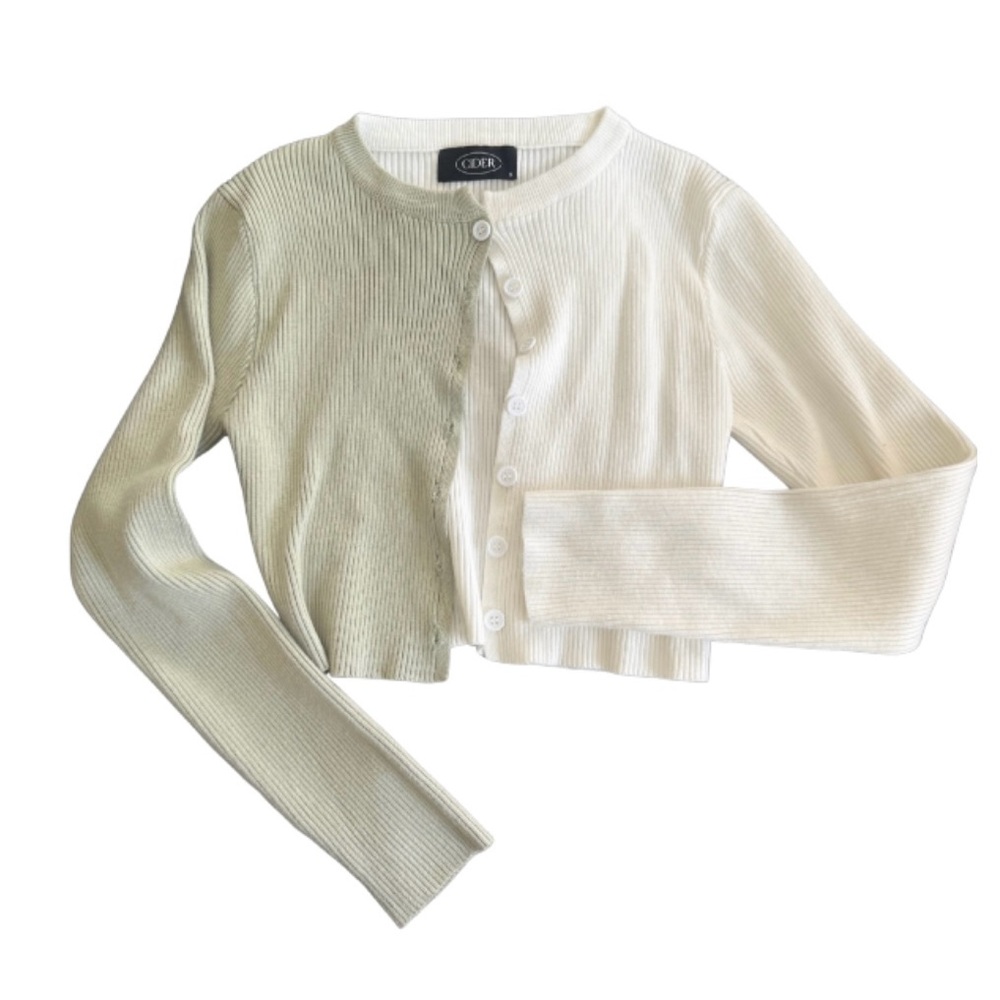 Cider Off-White and Green Ribbed Knit Cardigan